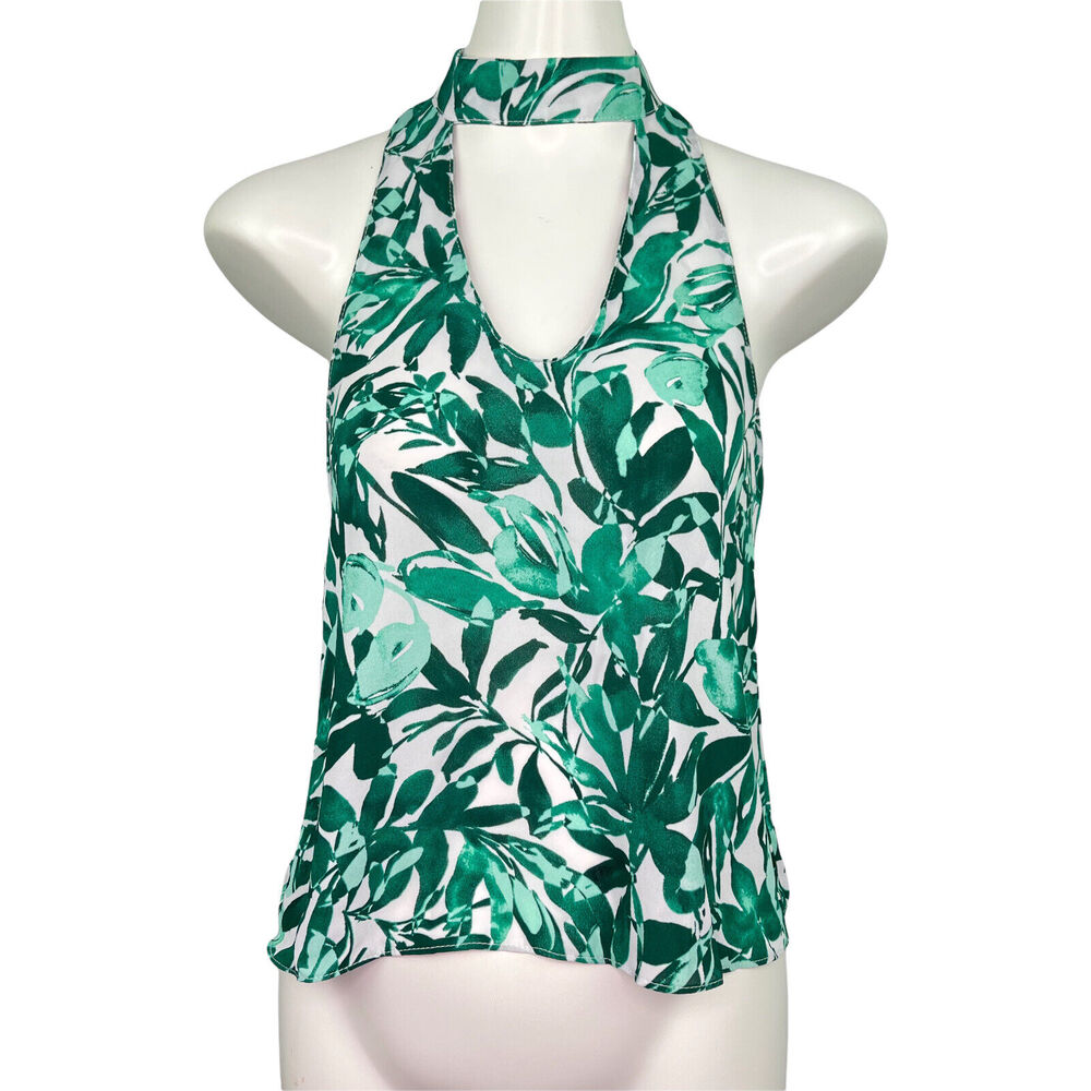 Karlie Green White Leaf Print Sleeveless Blouse Women's Sz M